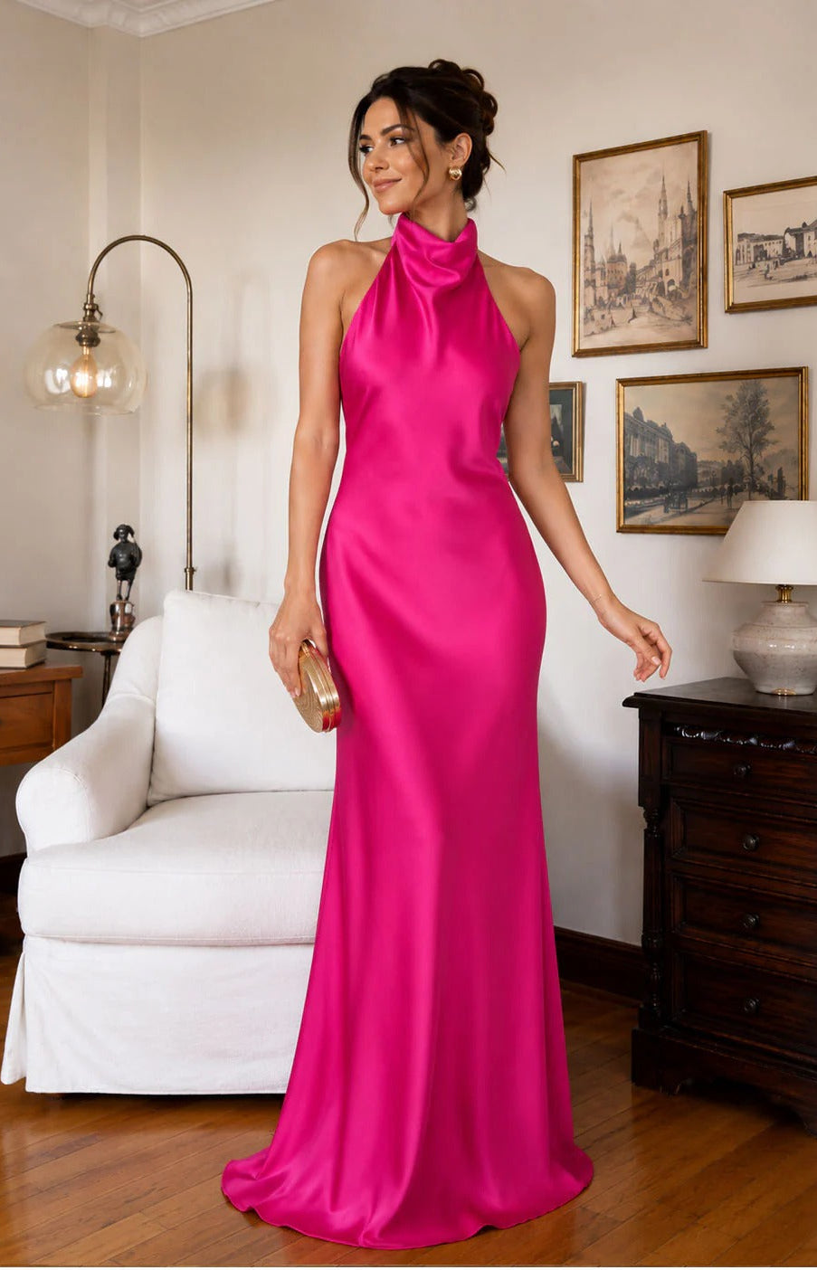 Marina-Vestido Largo de Satén con Escote Americano y Espalda Descubierta