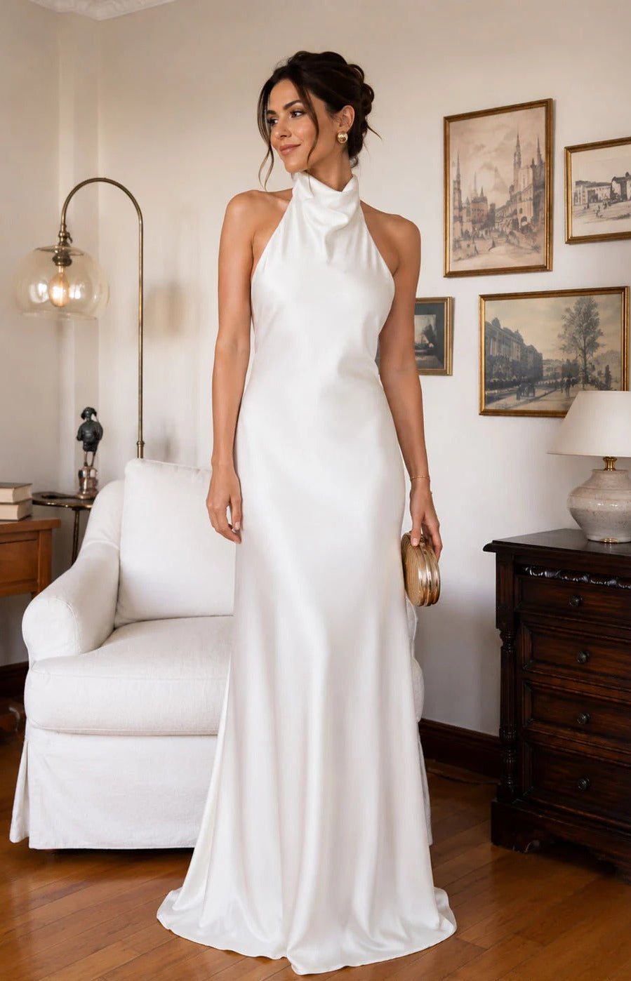 Marina-Vestido Largo de Satén con Escote Americano y Espalda Descubierta