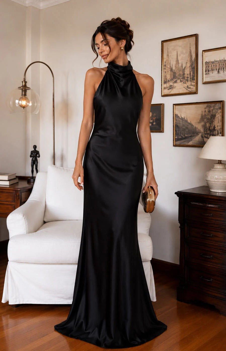 Marina-Vestido Largo de Satén con Escote Americano y Espalda Descubierta
