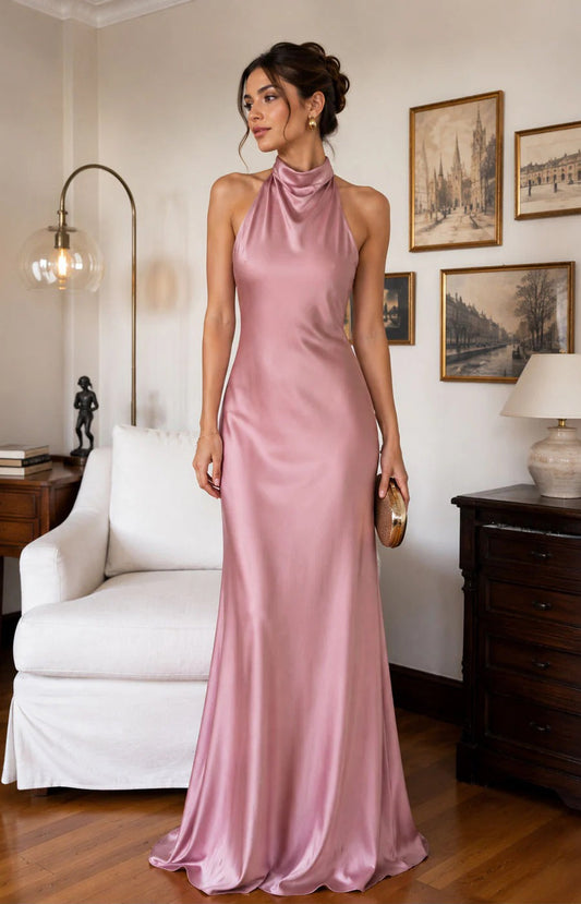 Marina-Vestido Largo de Satén con Escote Americano y Espalda Descubierta